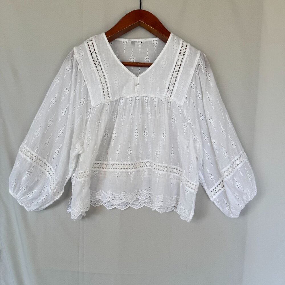 American Eagle White Embroidered Lace Ballon 3/4 Sleeve Peasant Babydoll Blouse - Picture 9 of 16